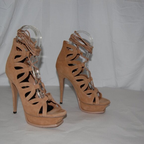 US 5.5❤️ SAINT LAURENT Nude SUEDE LEATHER High Heels Platform Gladiator Sandals - Picture 8 of 13